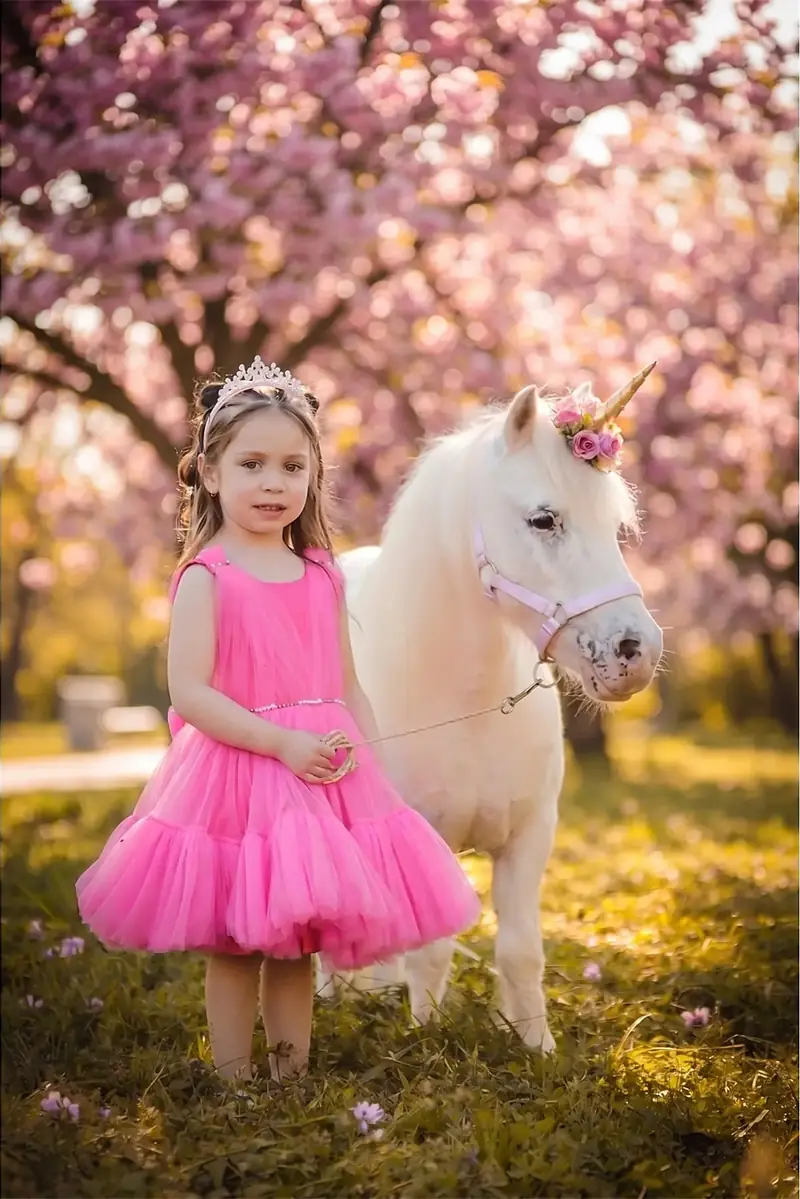 Niña de vestido rosa junto a un poni blanco bajo un árbol en flor